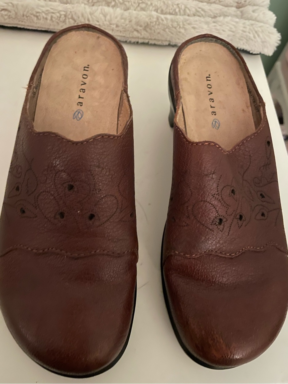Aravon Brown Leather Slip-On Clogs with Floral Stitching and small heel!